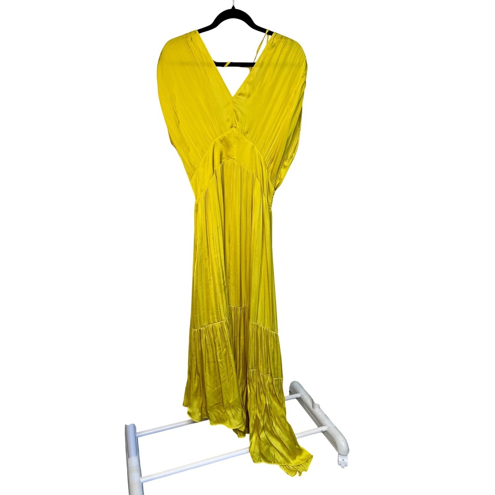 Du Par Maxi Dress Womens L Yellow Pleated Smocked V-Back Asymmetrical Boho